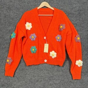 New Ebossy Size XL Cardigan Orange Embroidered Daisy Flower Retro Artsy Teacher